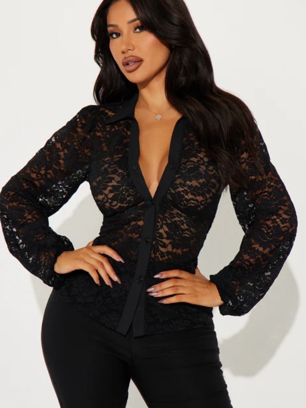 Fashion Nova Sheer Black Lace Button-Down Blouse